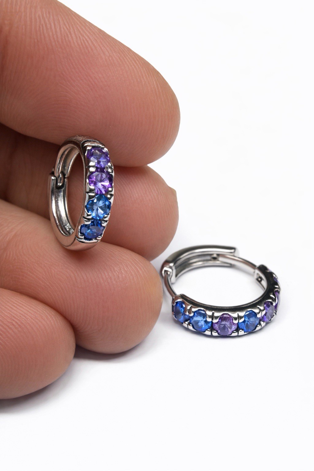Blue Purple Zircon Hoop Earrings S925 Silver Huggie Elegant Women Gift