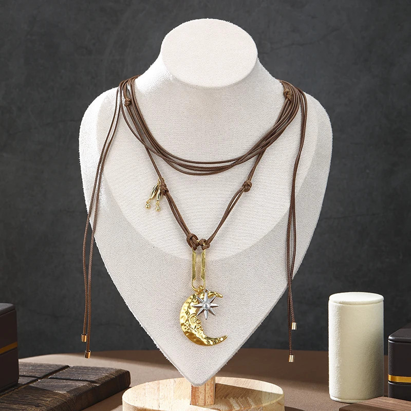 Vintage Gold Color Moon Star Pendant Necklace for Women Brown Leather Cord Adjus