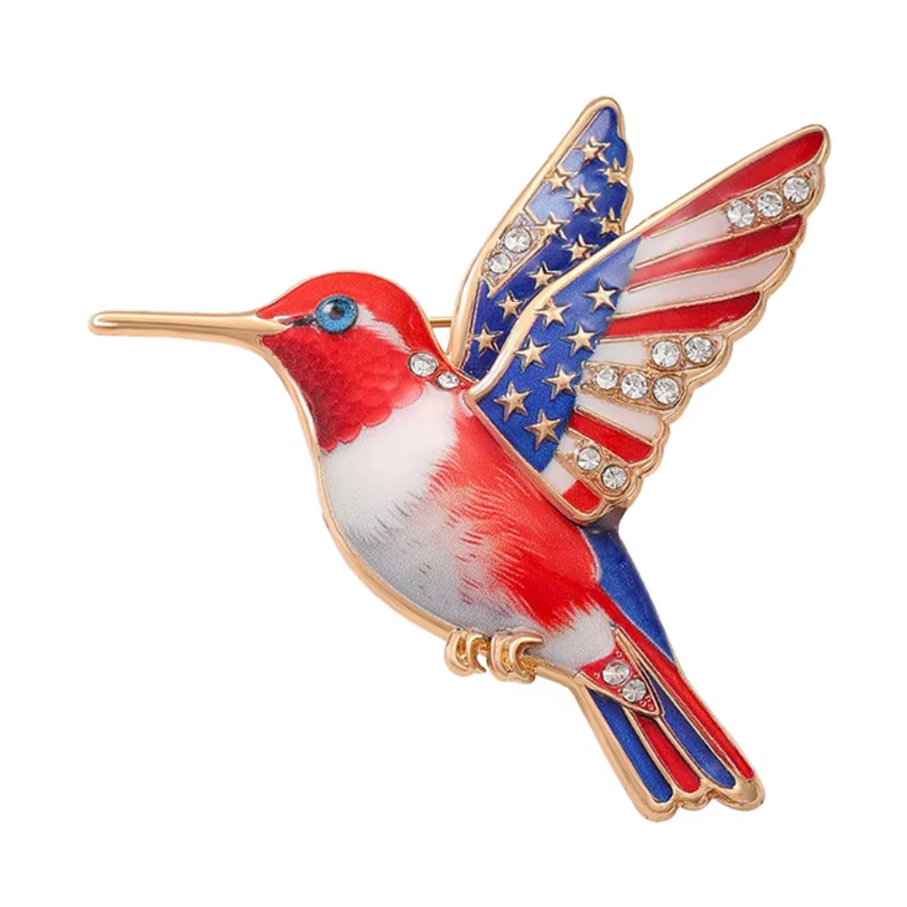 Rhinestone American US Flag Hummingbird Brooch USA Independence Day Gold Pin Gif