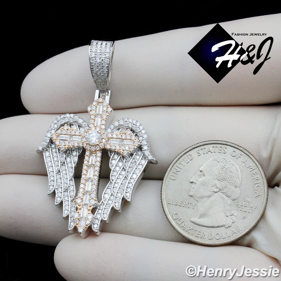 925 STERLING SILVER ICY BLING MOISSANITE 3D CROSS ANGEL WING PENDANT*MP536