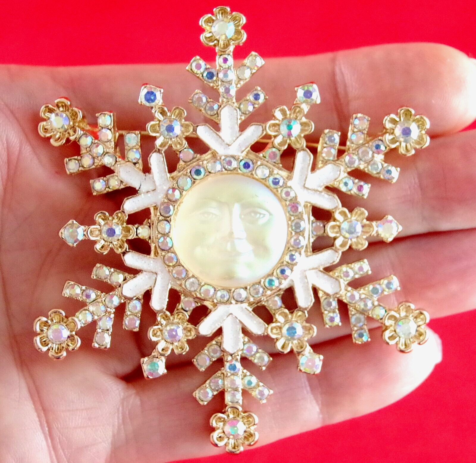 3″ NWOT UNSIGNED VTG INSPIRED MOON FACE AB RHINESTONE SNOWFLAKE PENDANT BROOCH