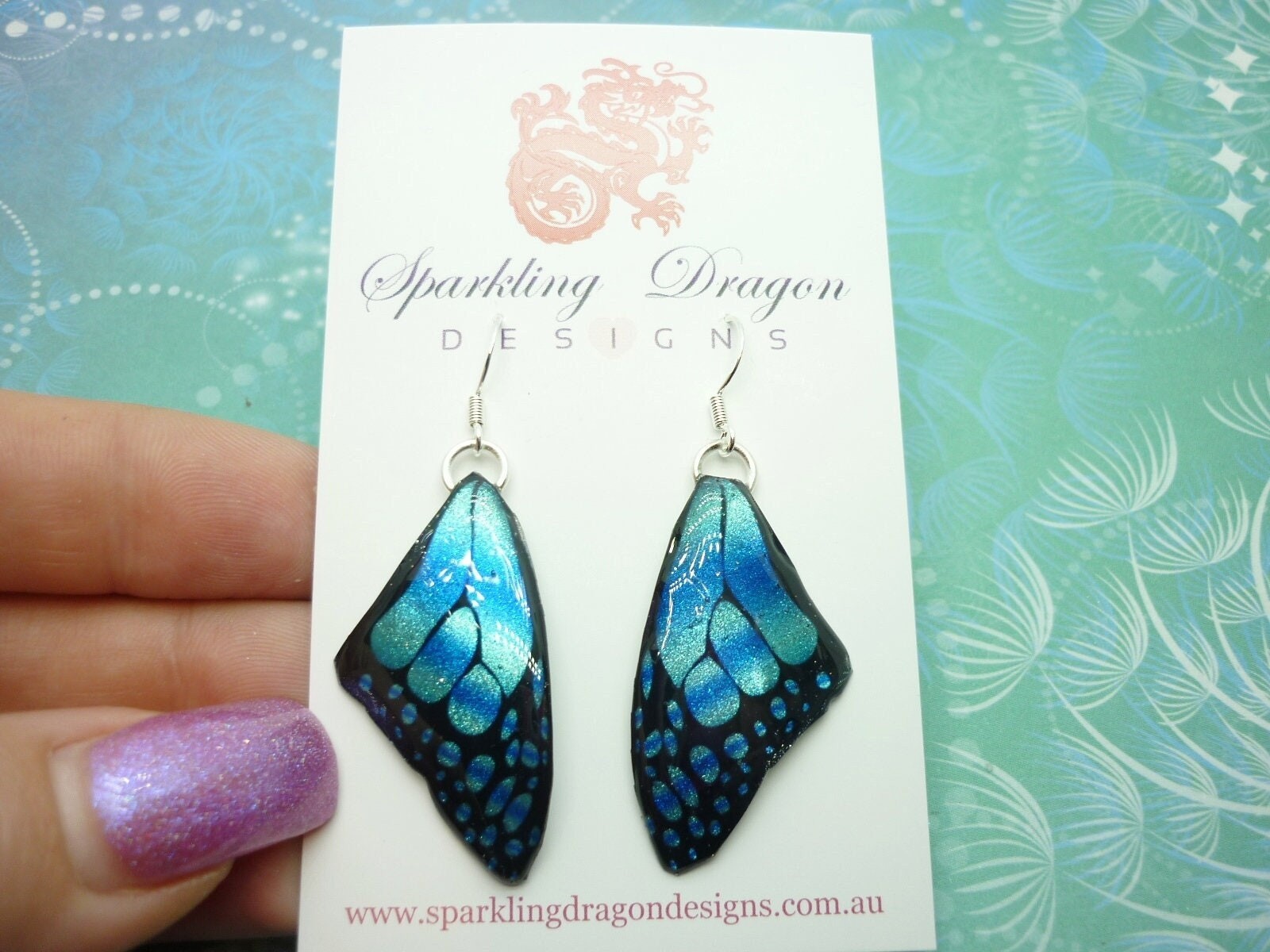 Butterfly Wing Medium Size Earrings Blue Stained Glass- Fairy Jewellery, Fairy