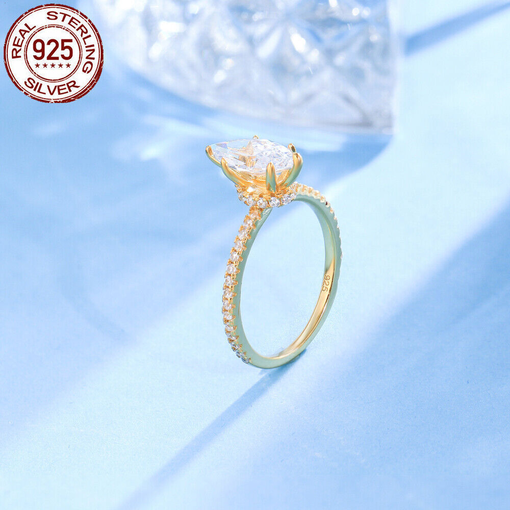 925 Sterling Silver Ring Gold Plated CZ White Marquise Cut Wedding Engagement