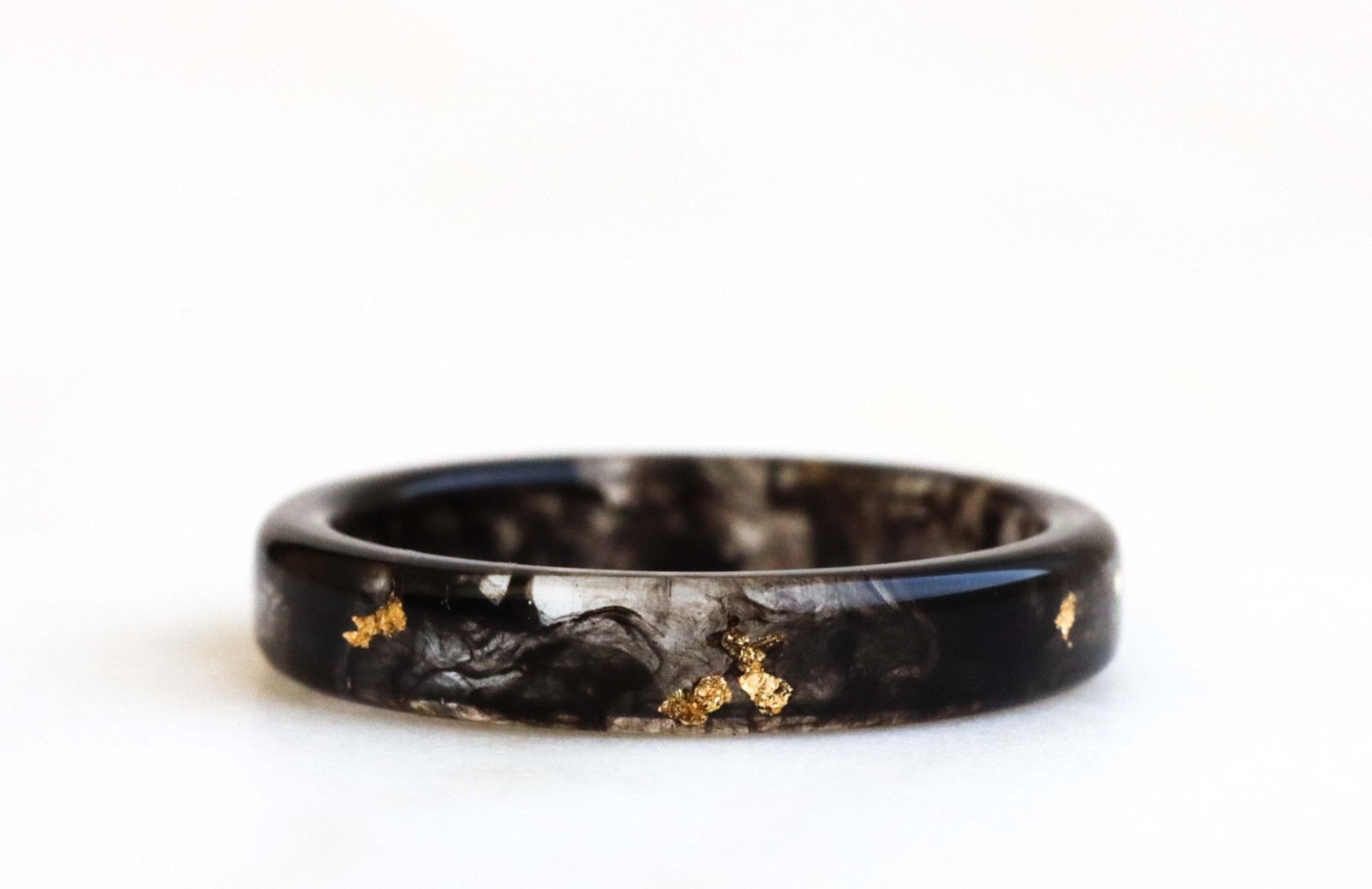 Black Resin Ring With Metal Flakes, Handmade Unisex Band Minimalist Jewelry Gift