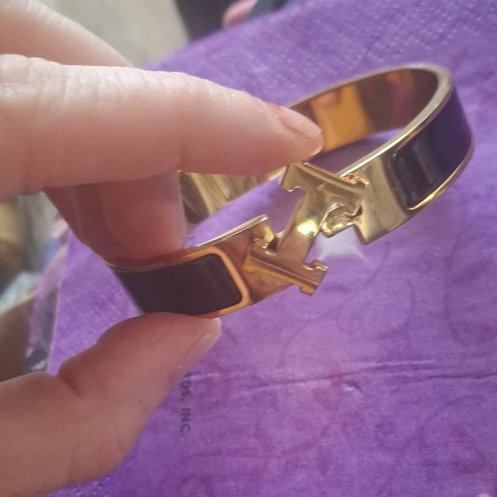 HERMÈS H Clic Clac Hinged Bangle Bracelet Gold Tone Black Enamel Signed