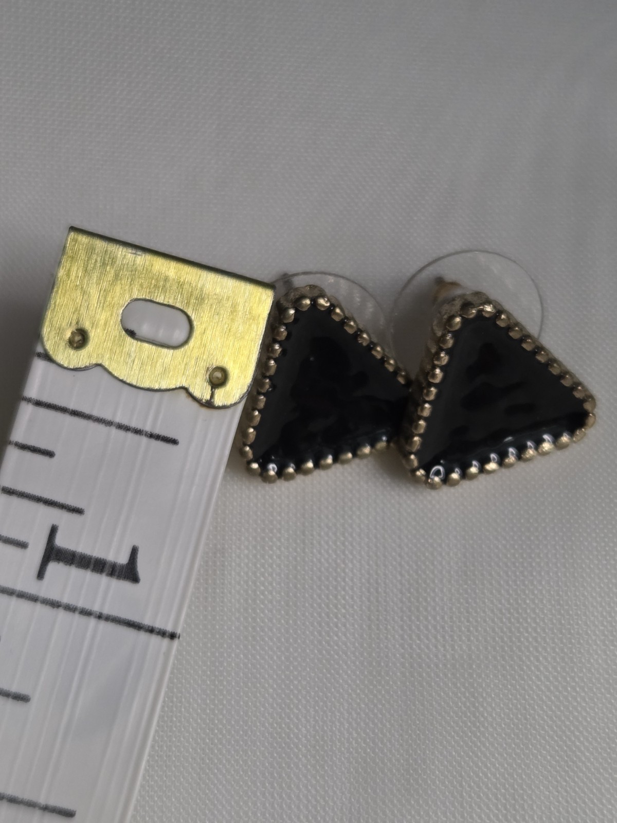 Triangle Stud Earrings Black & Gold Tone Beaded Border Butterfly Back 0.5 in