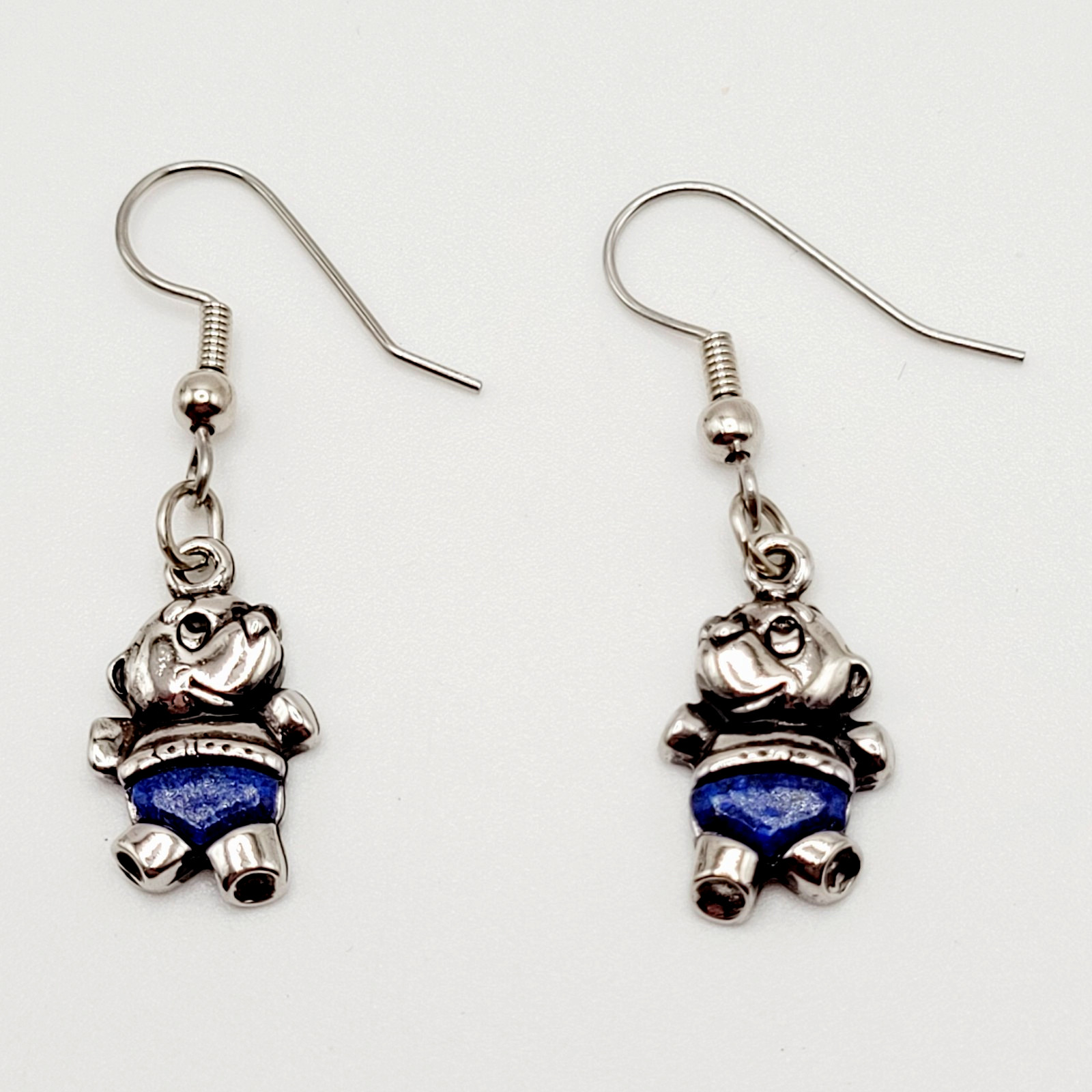 SW Waldeck Johnson Teddy Bear Lapis Lazuli Silver Tone Pierced Hook Earrings