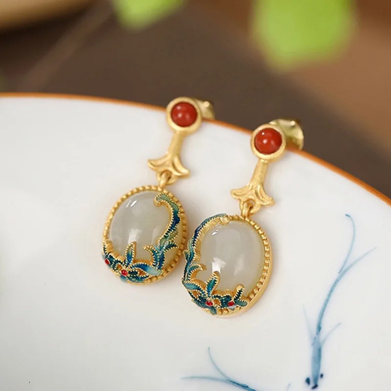 Cloisonne Set Inlaid Hetian Jade Chinese Ring Earring Bracelet Pendant Jewelry