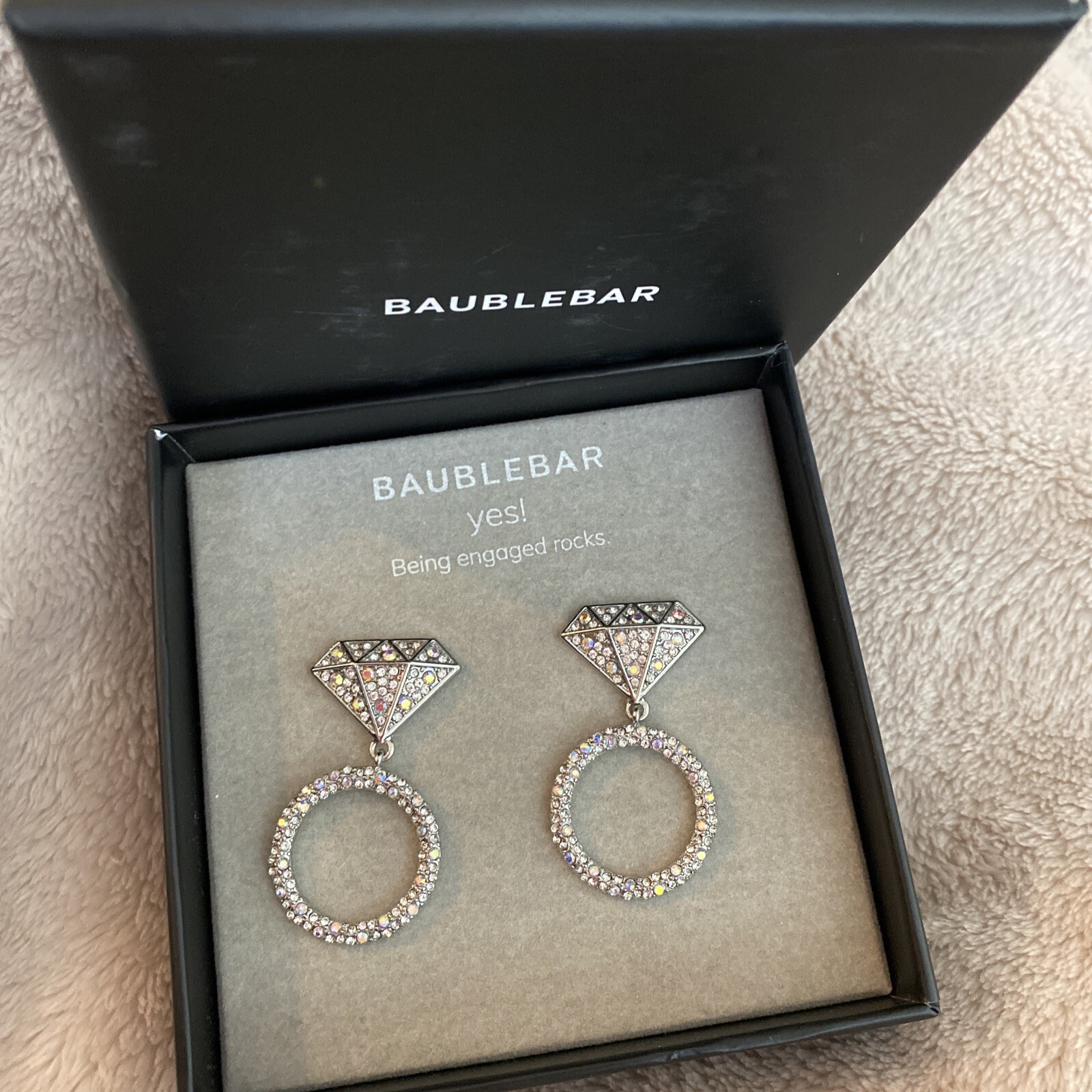 New BaubleBar Yes Being Engaged Rocks Engagement Ring Dangle Earrings NIB. Bling