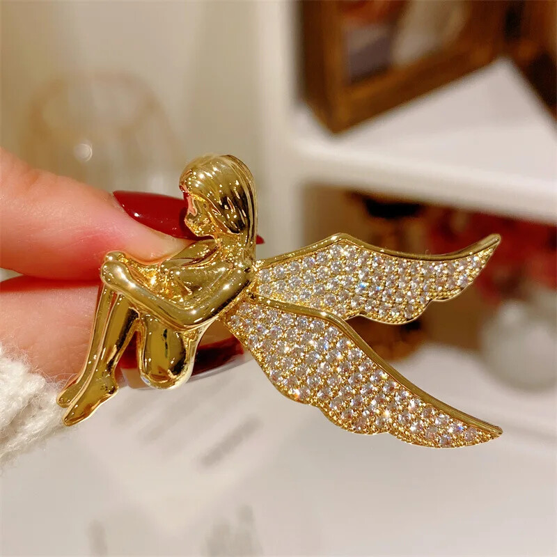 Women Gold Plated Angel Brooch Fashion Rhinestone Pins Jewelry