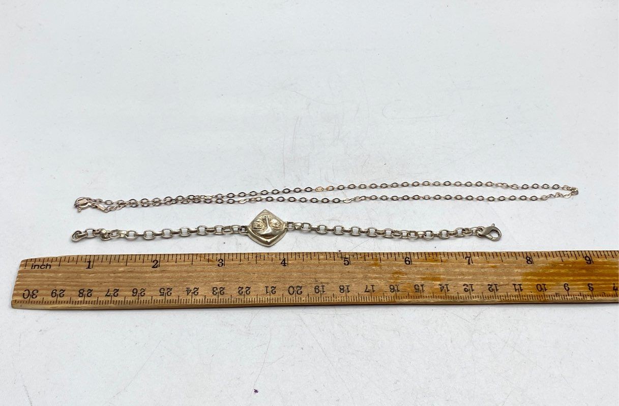 Sterling Silver 925 Gold Tone Moon Face Bracelet & Necklace Set 13.7g