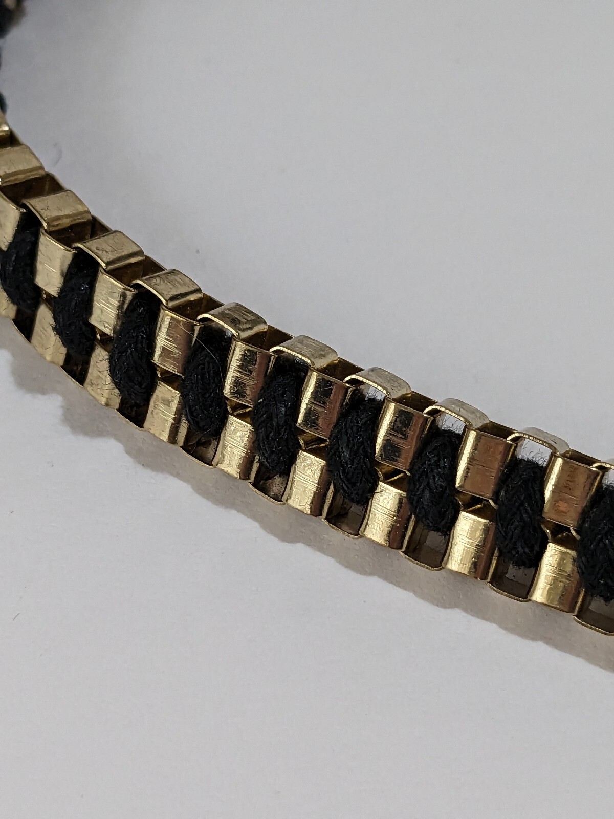 Gold Tone And Black Cord Braided Box Chain Necklace. Vintage. 16 Inch.
