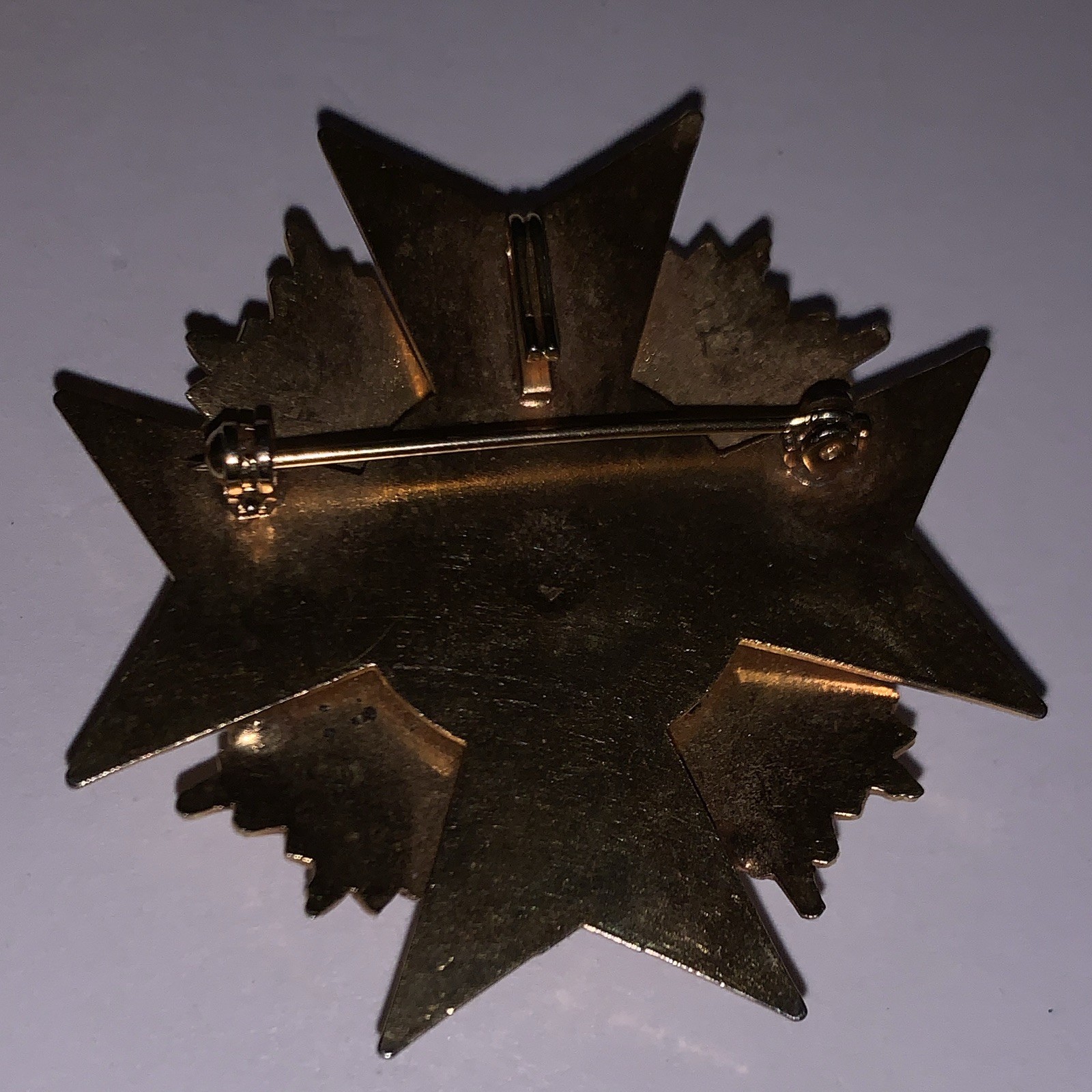 Gold Tone Heraldic Cross Brooch Pin, Red & Blue Enamelled Shield Center