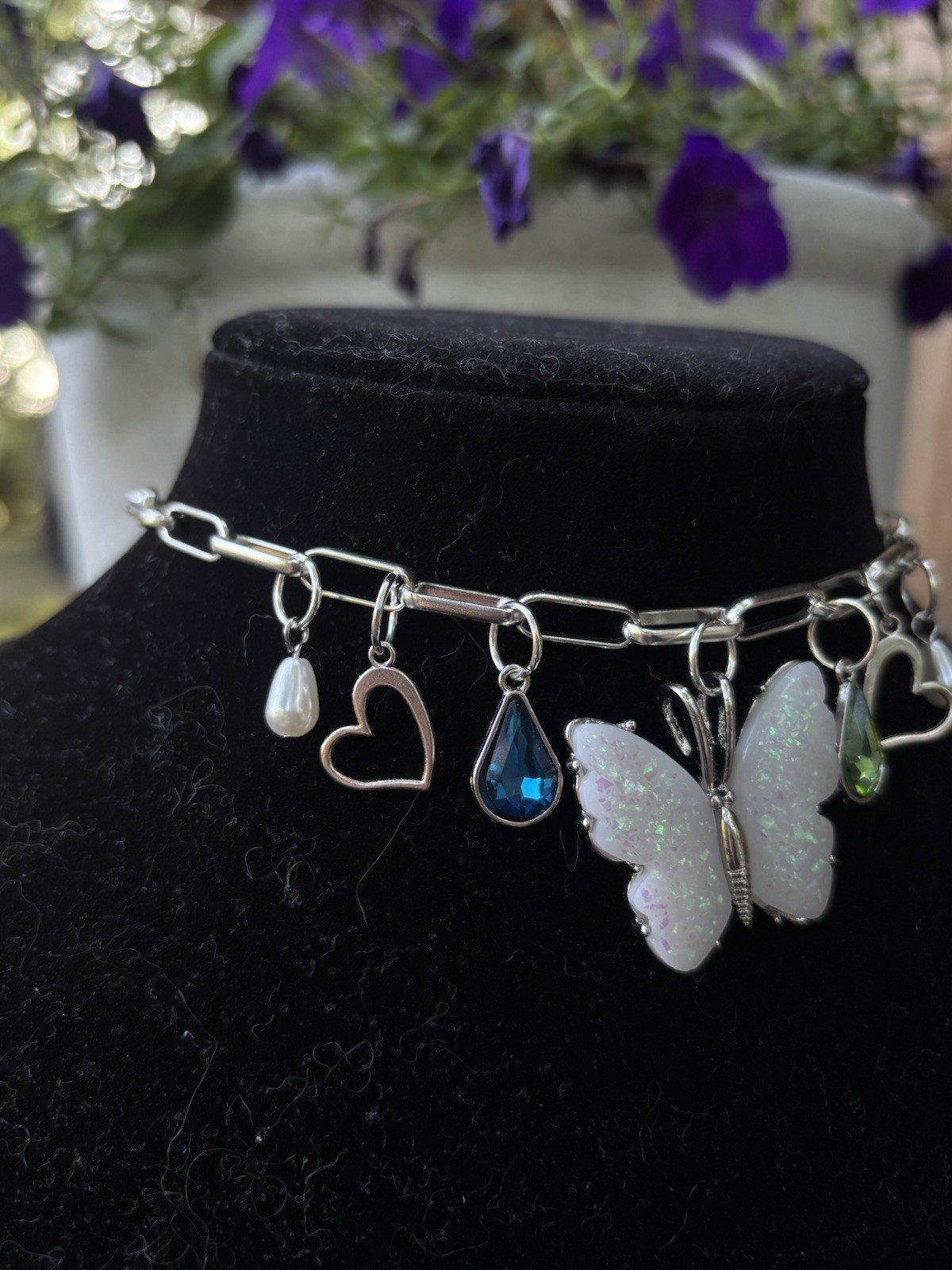 Handmade Butterfly Choker Opal Butterfly Pearl Charm Silver Necklace Fairy