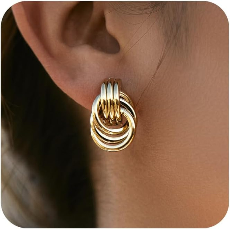 Gold-Plated Chunky Gold Earrings for Women Knot Link Circle Geometric Drop Dangl