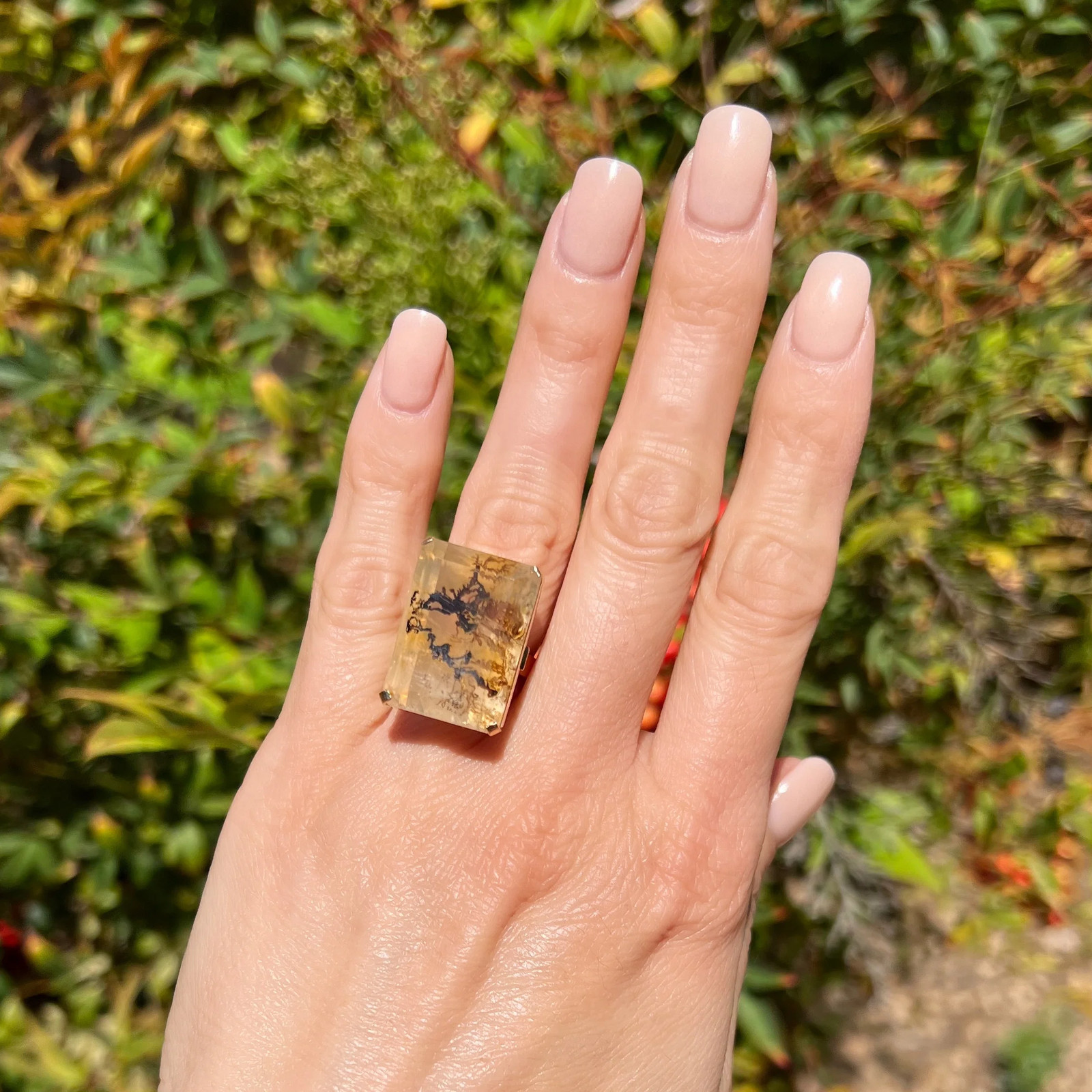 18K Yellow Gold 35ct Moss Agate Filigree Ring Size 5.75 Estate 15.7g