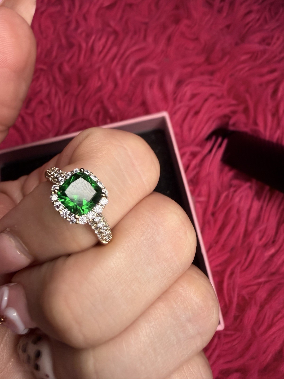 Gold Filled Emerald Green Halo Ring AAA CZ Cushion Cut Size 6