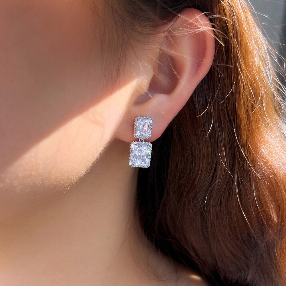Dazzling Baguette Zircon Crystal Clip On Non Pierced Drop Earrings Silver Plated