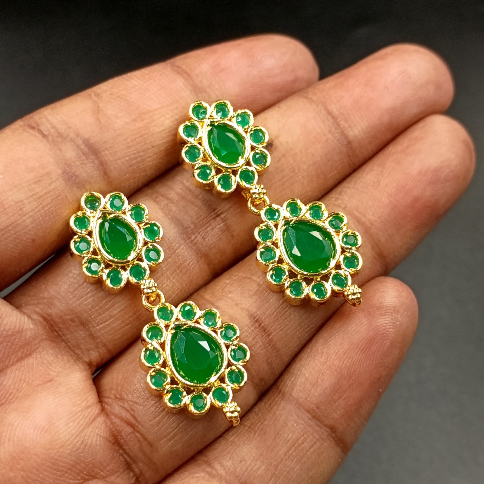 Vintage 2 Layer Green Emerald Choker Necklace Earrings Set 22K Gold Plated Gift