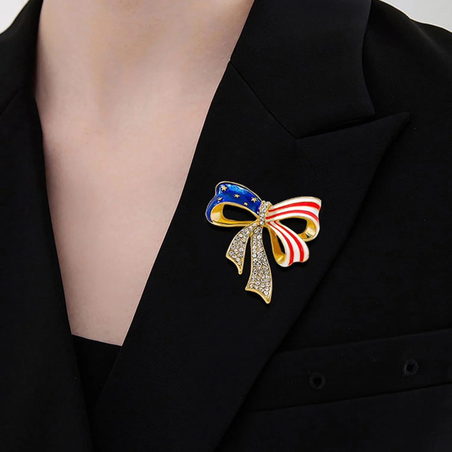 Rhinestone American Flag Medal Pin, Bowknot USA Flag Brooch, Vintage Patriotic B