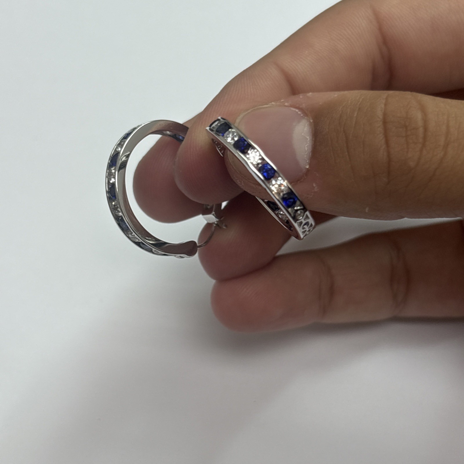 Women’s Earrings Blue And Whit Cz Stones Hoop Style As Is 925 Silver