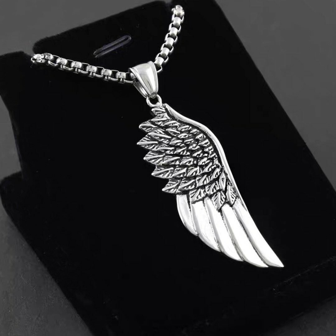 Mens Angel Wing Feather Pendant Necklace Biker Jewelry Stainless Steel Chain 24″