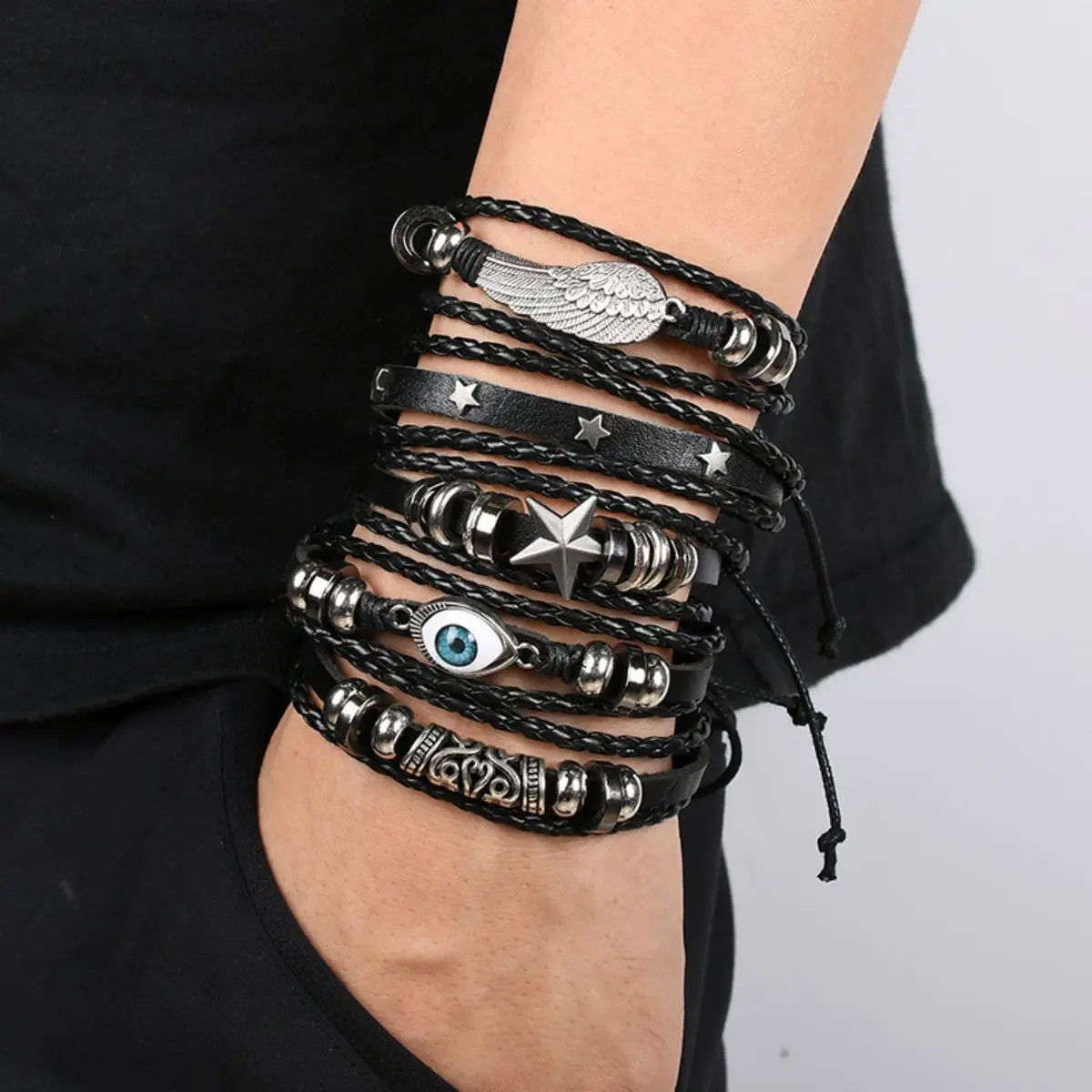 6pcs/Set Black Punk Skull Star Shaped Alloy Pu Leather Bracelet Punk Hip Pop