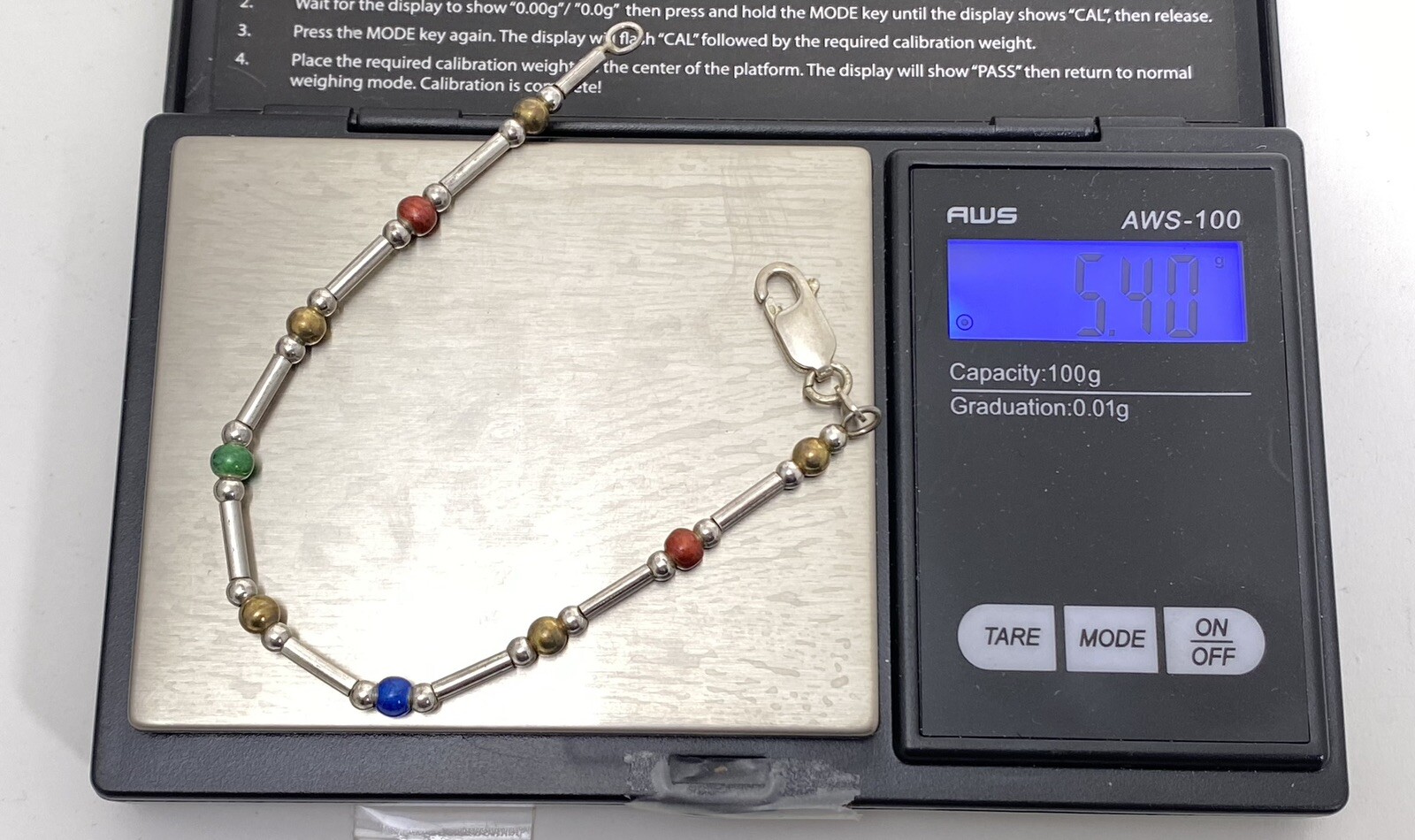 Vintage HAN 925 Italy Bracelet Red Green Blue Gold Ball Sterling Silver 6.75”
