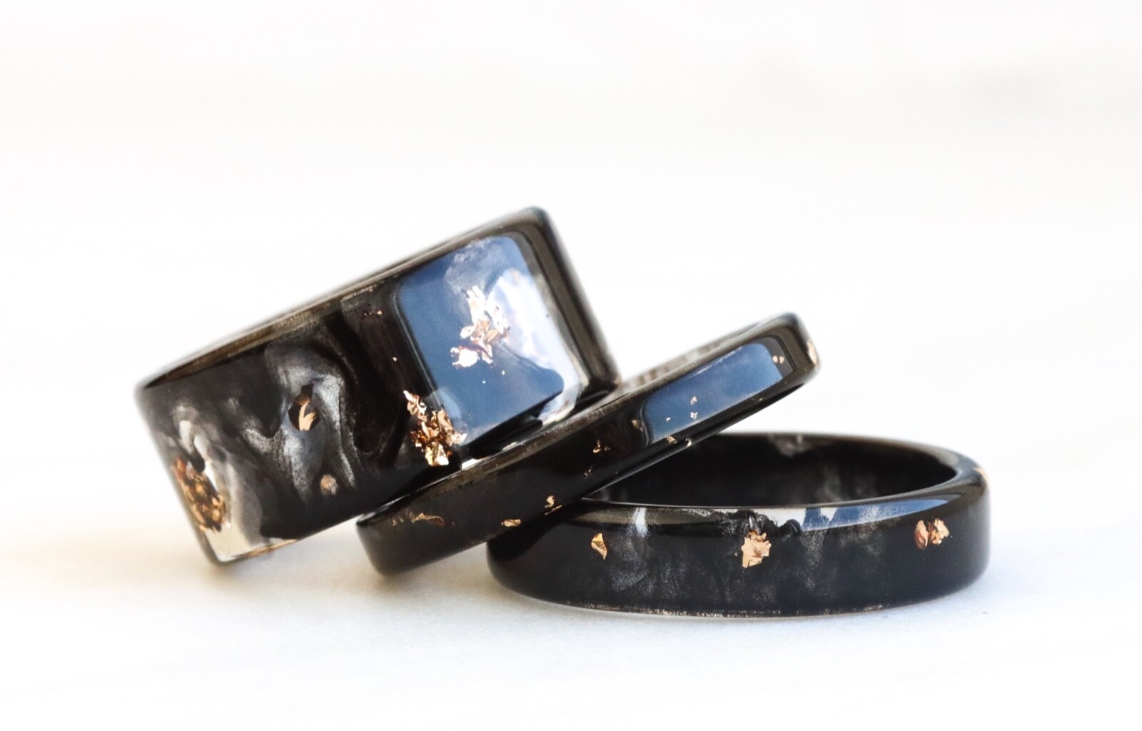 Black Resin Ring with Gold Flakes, High-Quality Handmade Band, Engagement Rings