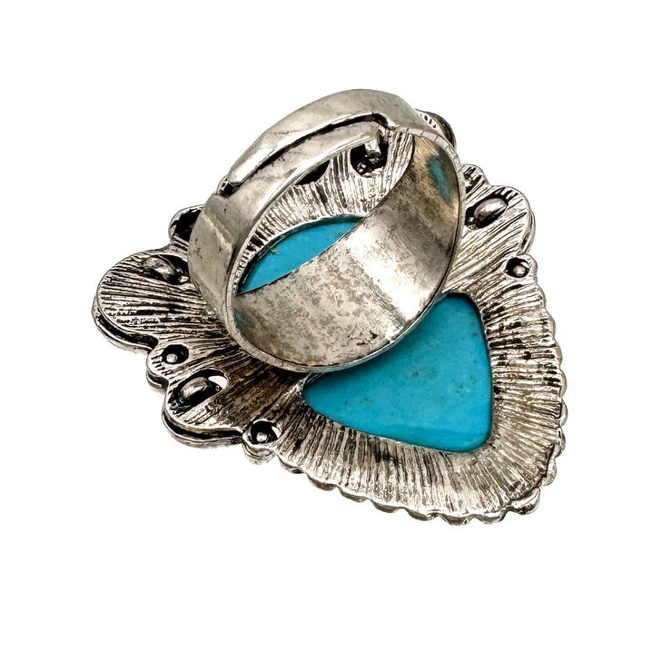 Adjustable Teardrop Turquoise Bezel Cocktail Ring Silver Tone Blue Stone