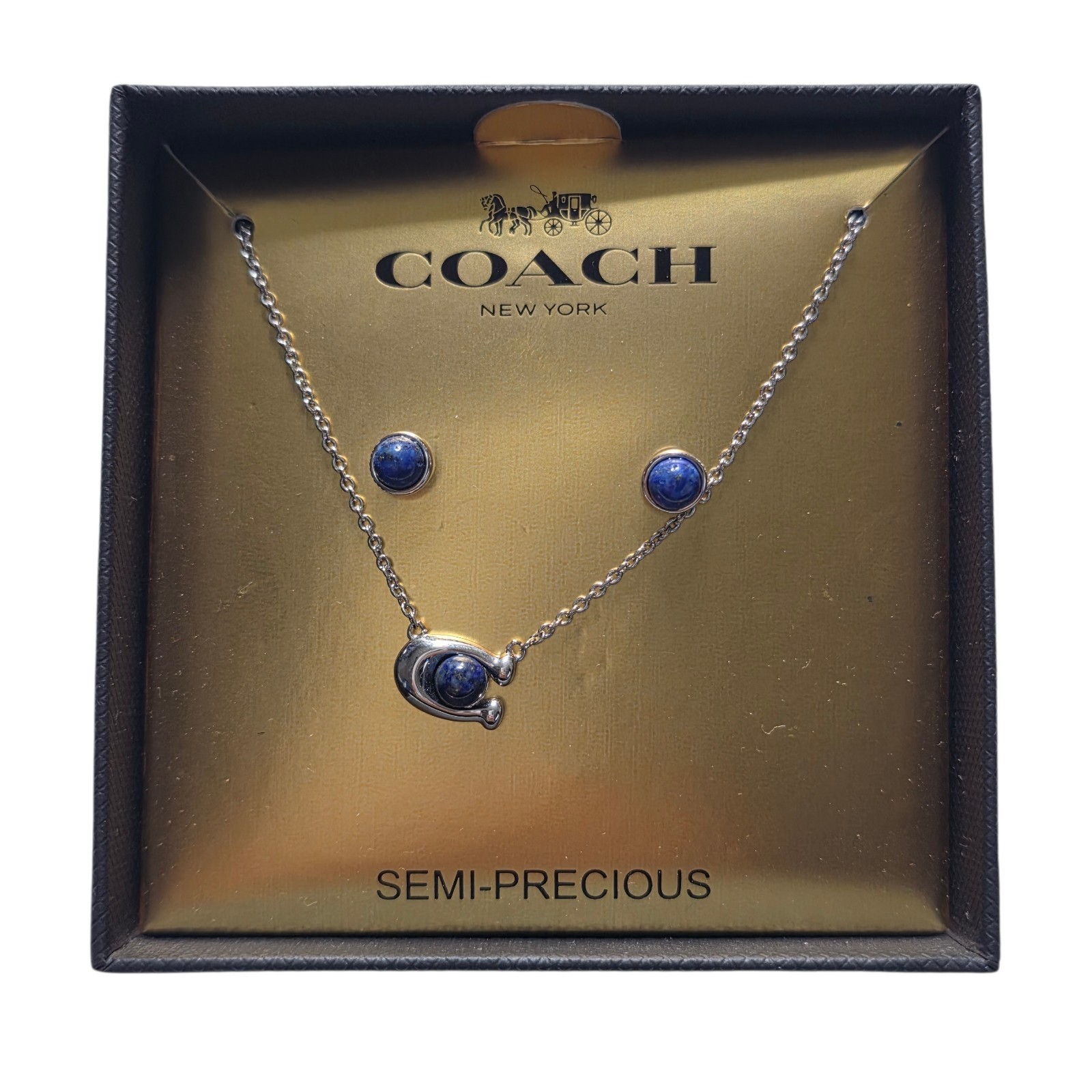 Coach Women’s Blue Semi Precious Stone Necklace Earrings Set Boxed NIB