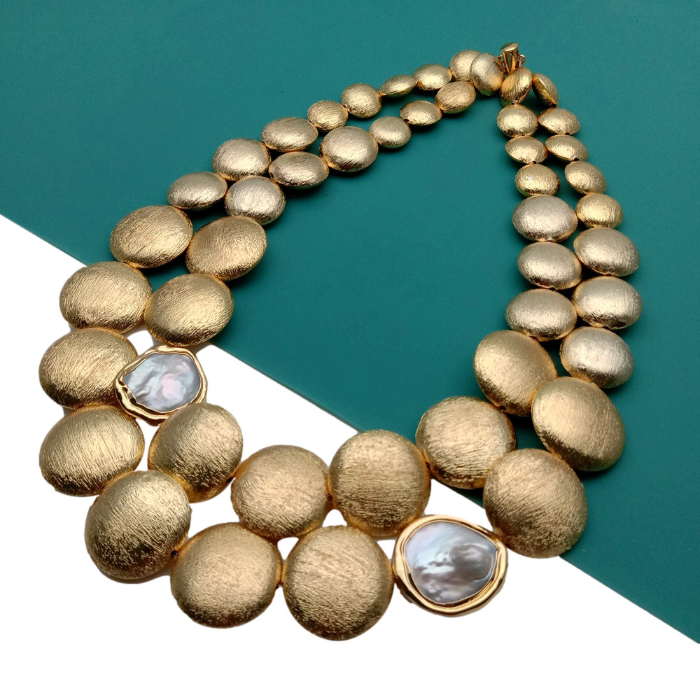 18″ 2 Rows Gold Plated Brushed Coin Bead Cultured White Coin Pearl Necklace