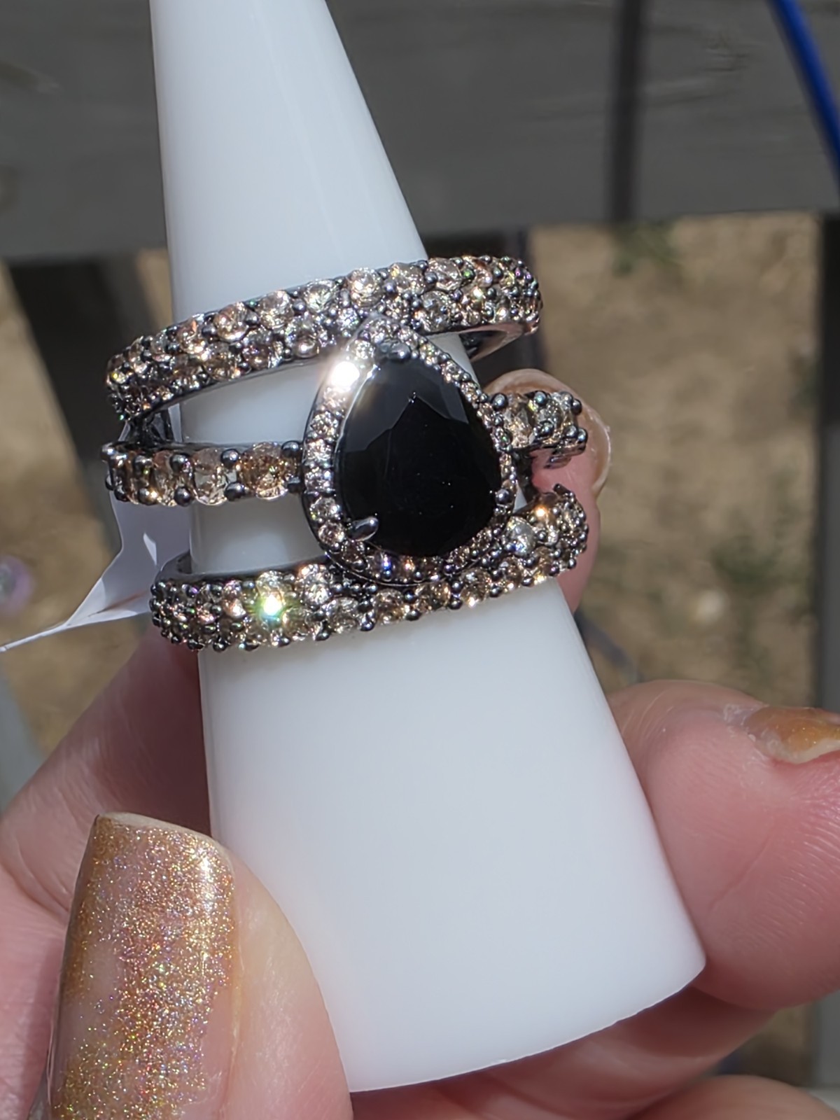 Hematite Plated Black Onyx Pear & CZ Prong Cocktail Statement Ring 6 RG89010
