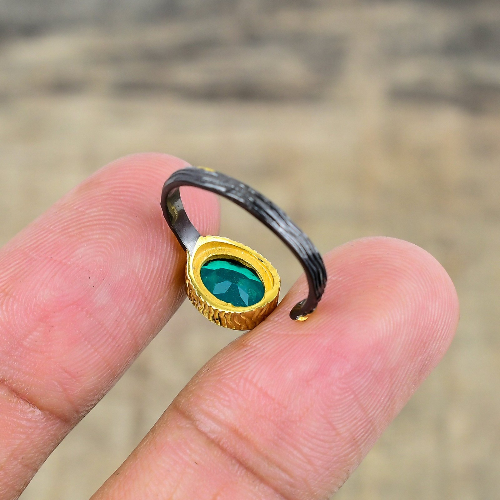 Paraiba Tourmaline Black & Gold Plated 925 Sterling Silver Ring S.Adjustable R73