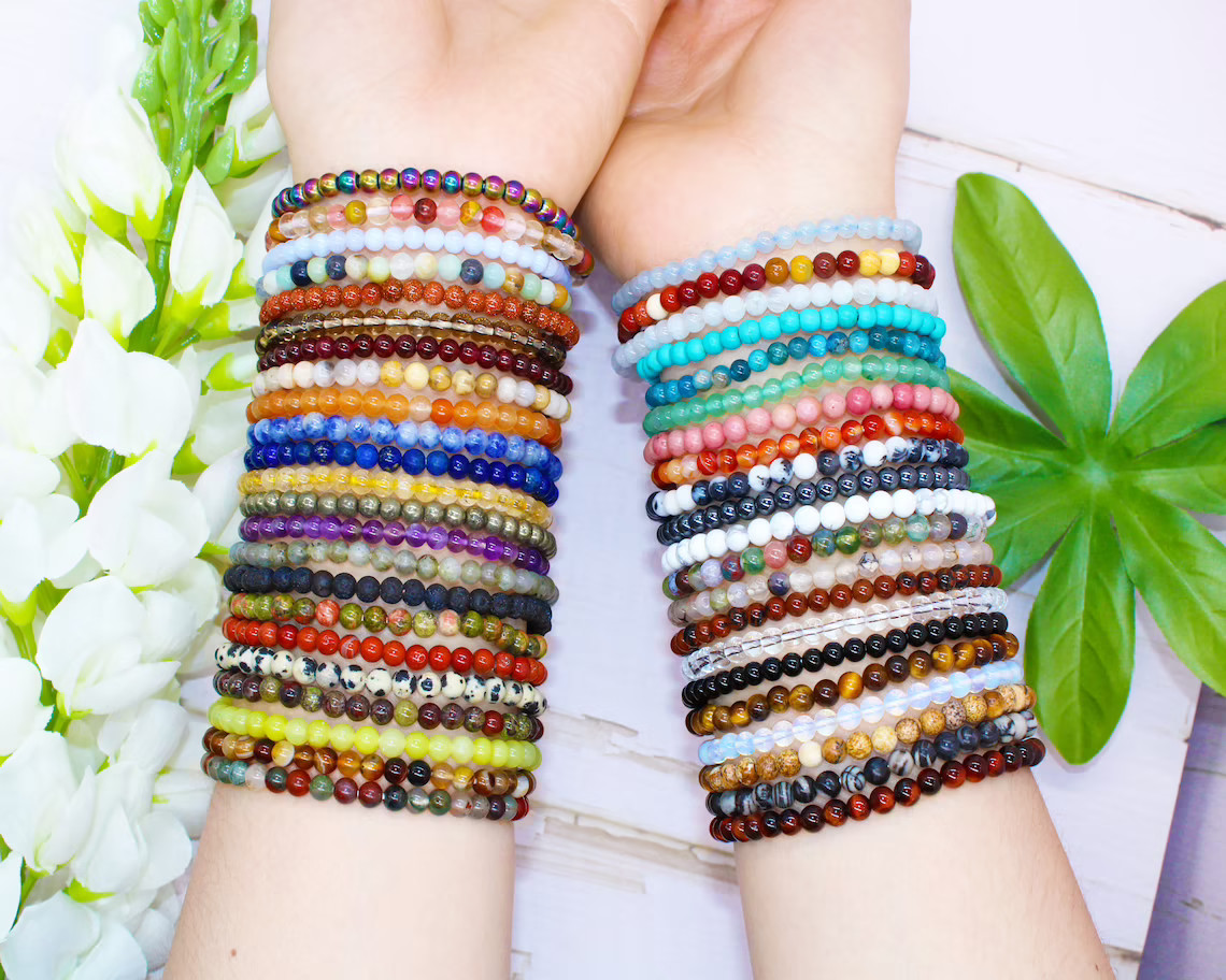 Handmade 15Pcs Mixed Natural Gemstone Round Beads Stretchy Bracelet Reiki Chakra