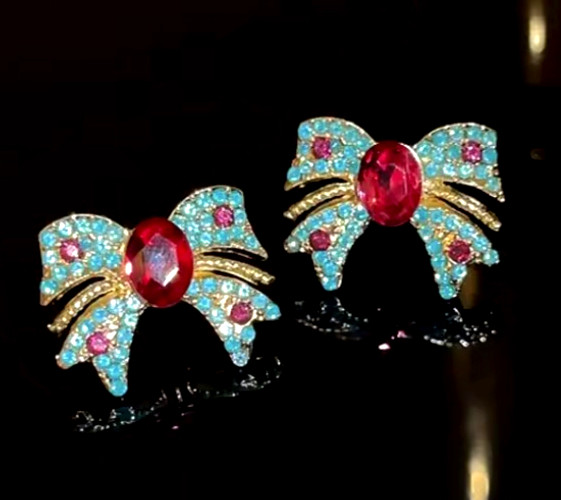 Super Cute Sparkly Blue Red BOW Rhinestone Gold Betsey Johnson Earrings