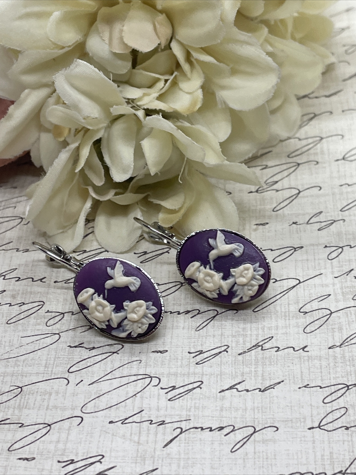 Morning Glory Hummingbird Silver Boutique French Wire Cameo Earrings Wedding Mom