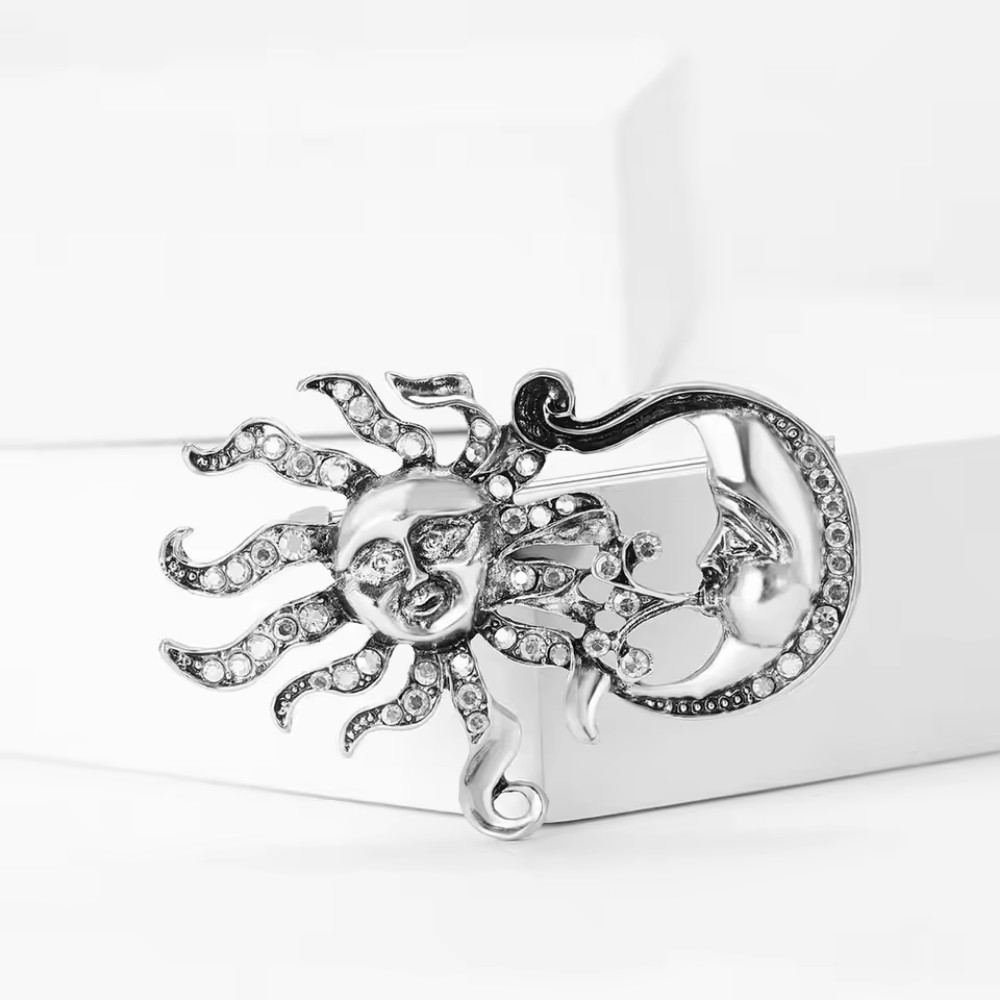 Silver Enamel Sun Moon Face Celestial Brooch Rhinestone Pin Summer Gift Jewelry
