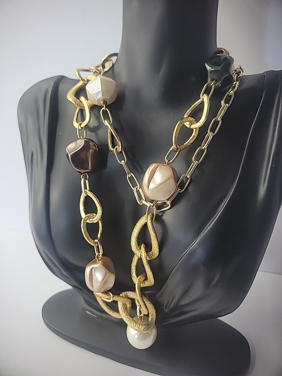Vintage Necklace Beaded Blue Pink Gold Tone Chain Jewelry Costume