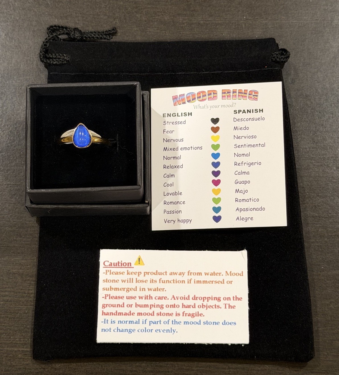 Teardrop Stone Pear Shape Bezel Stainless Steel Gold Mood Ring Size 10