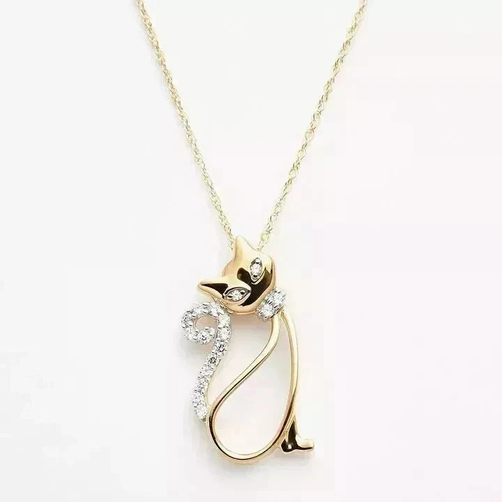Lovely Cat Shape Pendant 14K Yellow Gold Plated 1Ct Round Cut Simulated Diamond