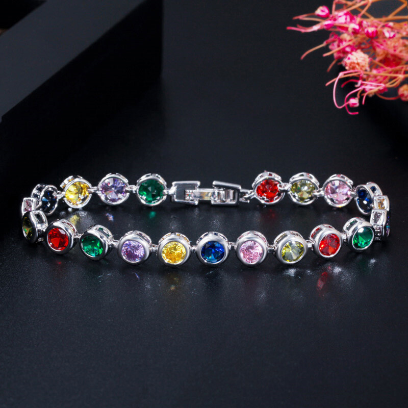 Gorgeous Gold Plated Colorful Round Cubic Zirconia Tennis Bracelet Women Jewelry
