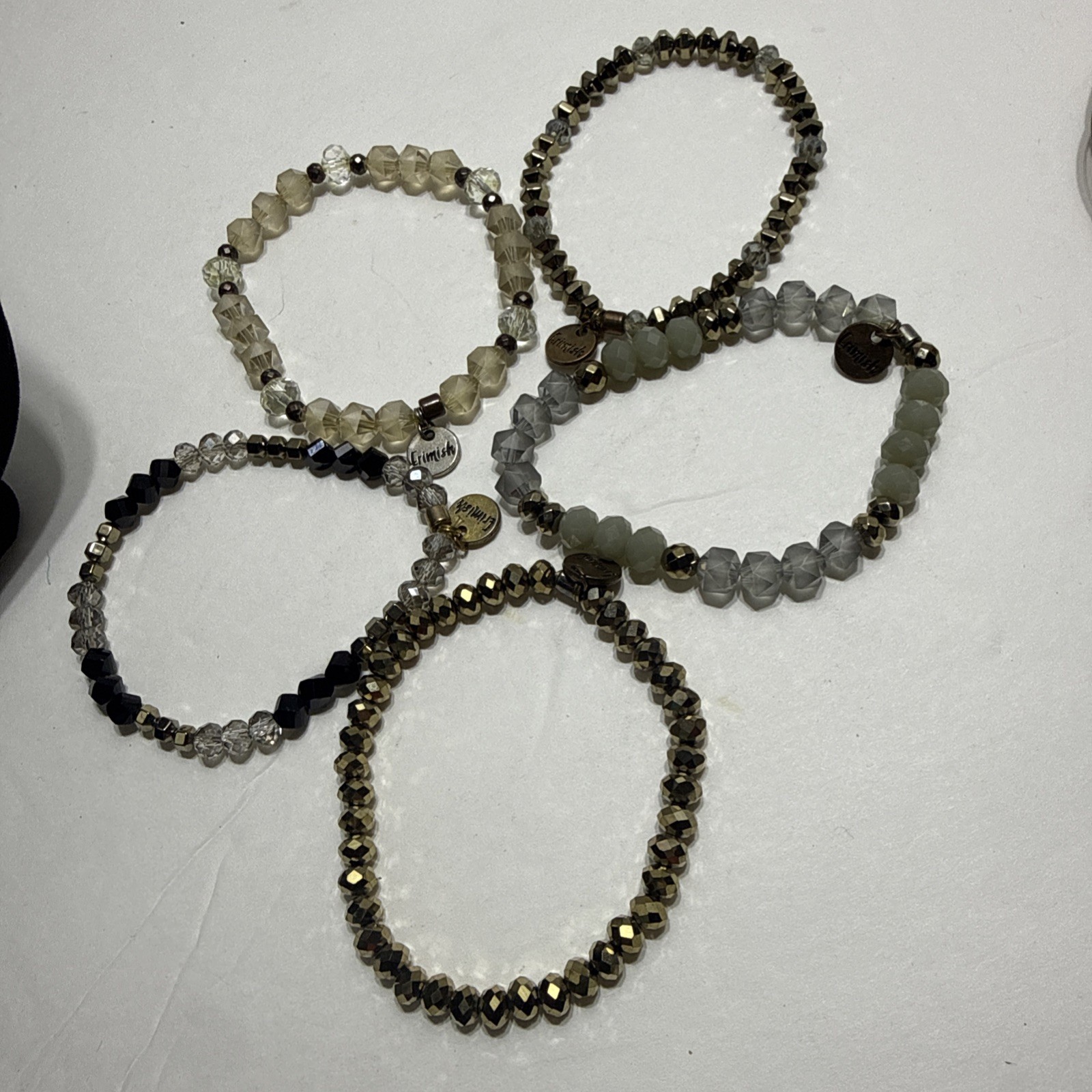 Erimish Beaded Stretch Bracelet Set Lot of 5 Black White Gray Gold Sage Stack
