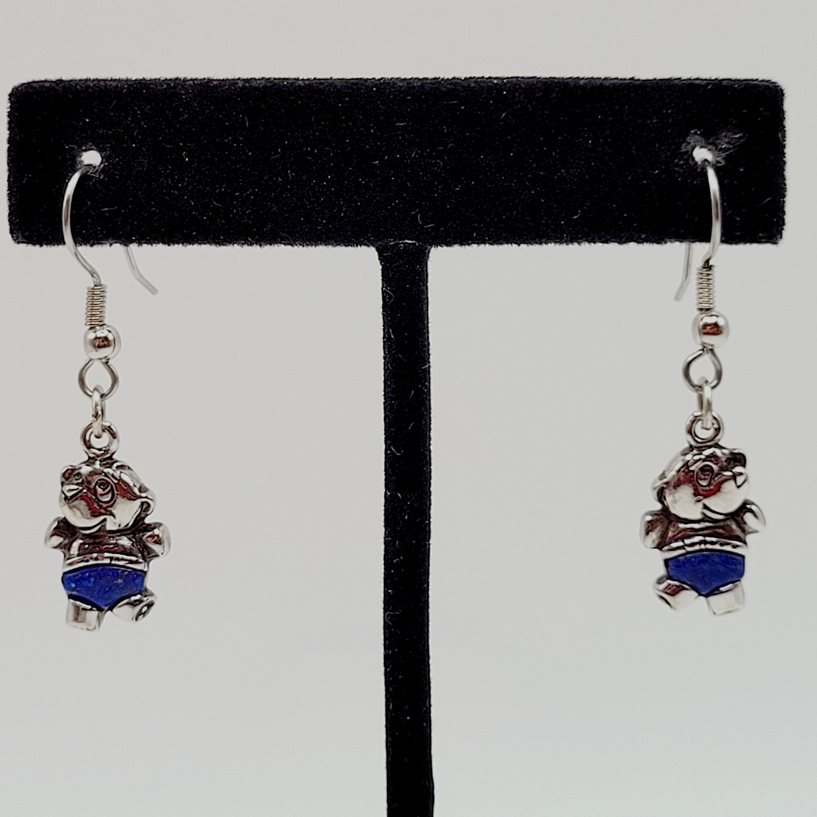 SW Waldeck Johnson Teddy Bear Lapis Lazuli Silver Tone Pierced Hook Earrings