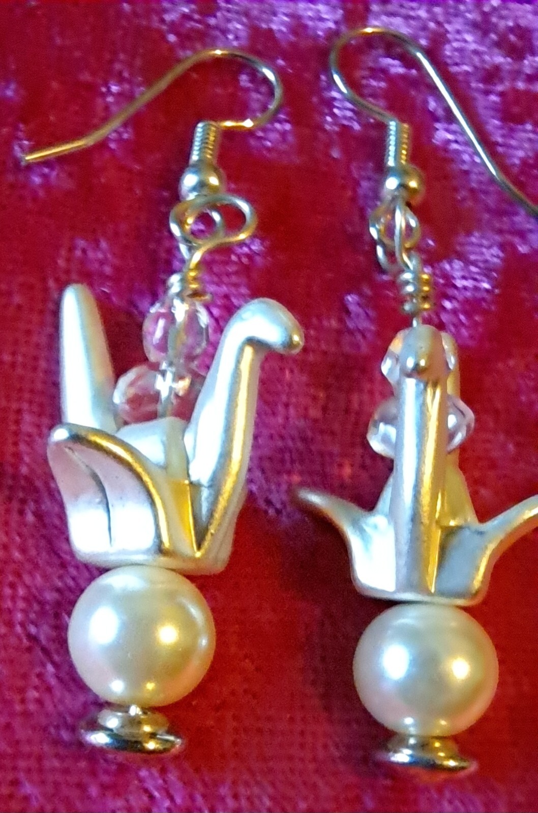 Origami Look Bird Earrings With Crystal and Faux Pearl Metal Earrings