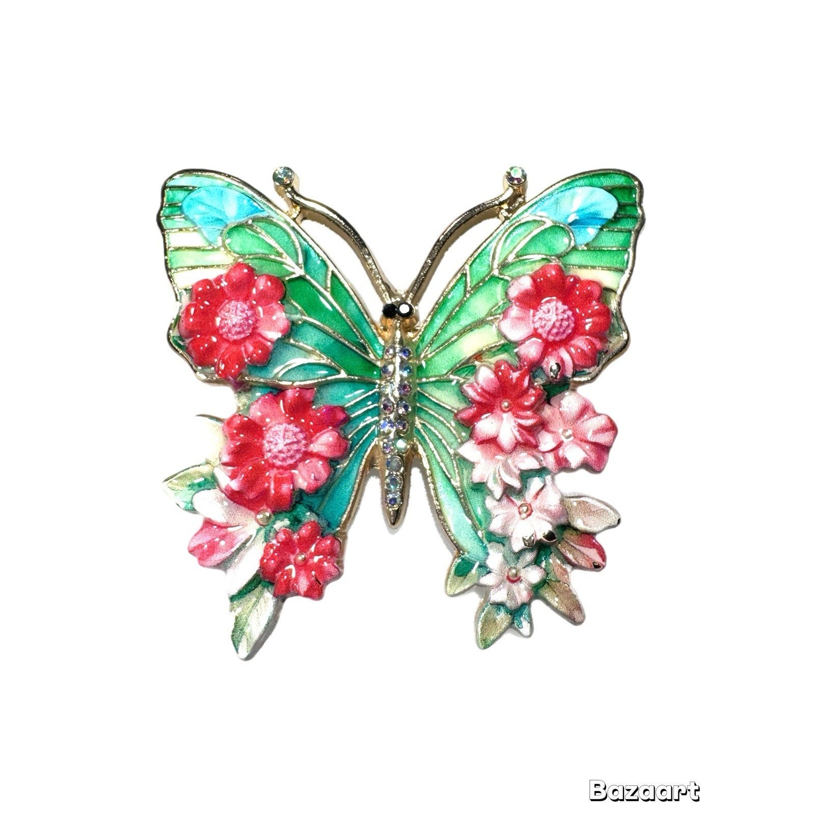 Brooch Butterfly Floral Enameled Bright Spring Colors Ceramic Look Gold Tone2.25