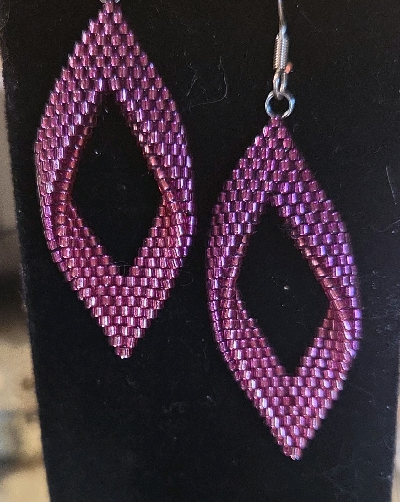 Purple Glass Beaded Dangle Drop Marquise Earrings Hook Nickel-Free Bohemian