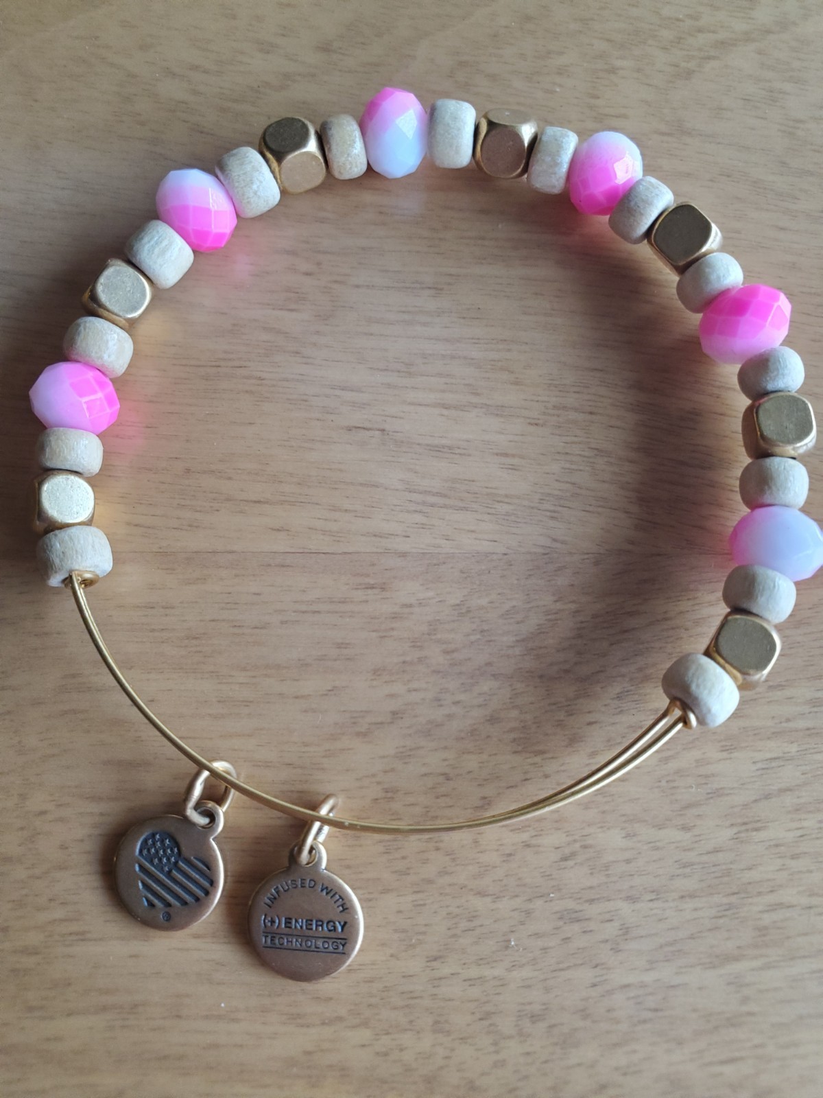 Gently Used Alex & Ani Pink , Gold, Wood Beaded Goldtone Bracelet