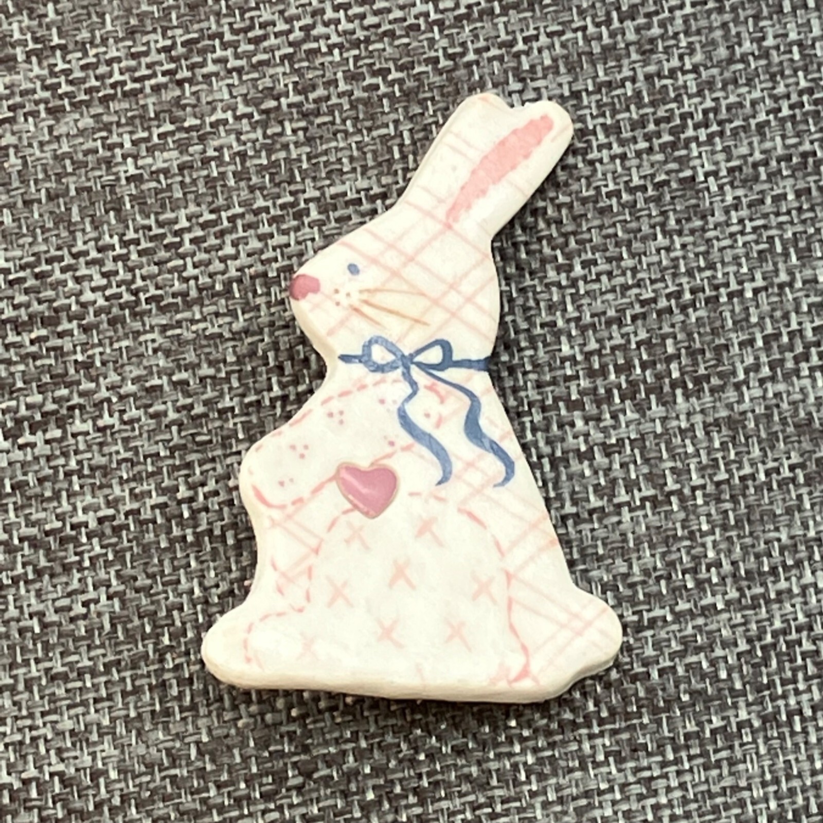Easter Bunny Pin Brooch White Pink Blue Ceramic Enamel Heart Ribbon Soft Girl