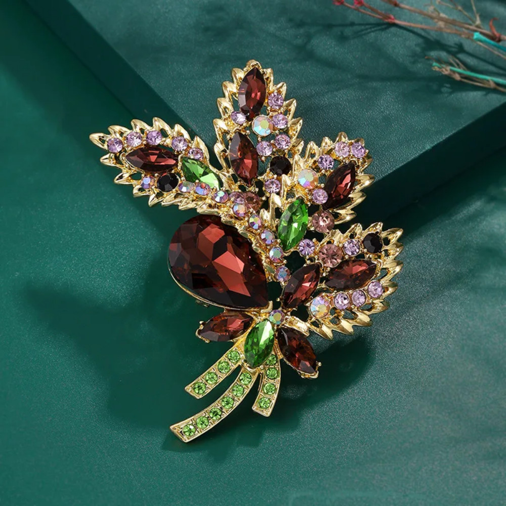 Gold Tone Unique Flower Drop Brooch Pin Pendant Topaz Rhinestone Crystal Jewelry